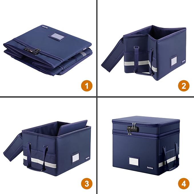 DocSafe File Box with Lock,Multi-Layer Fireproof Document Box Collapsible File Storage Organizer with Pockets/Handle,Large Portable Home Office Filing Safe for Hanging Letter/Legal Size Folders,Blue