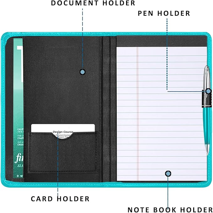 Mini Padfolio/Junior Portfolio Folder Case, Business A5 Binder Organizer Notepad for Men Women, 5 x 8 Writing Pad Included, Columbia Blue