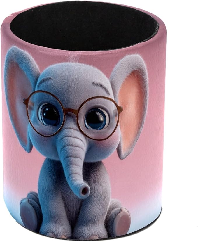 Leather Pen Holder for Desk, Cartoon Elephant Makeup Brushes Holder Pencil Cup Multifunctional Desktop Organizer Caddy for Home School Office Desk Accessories