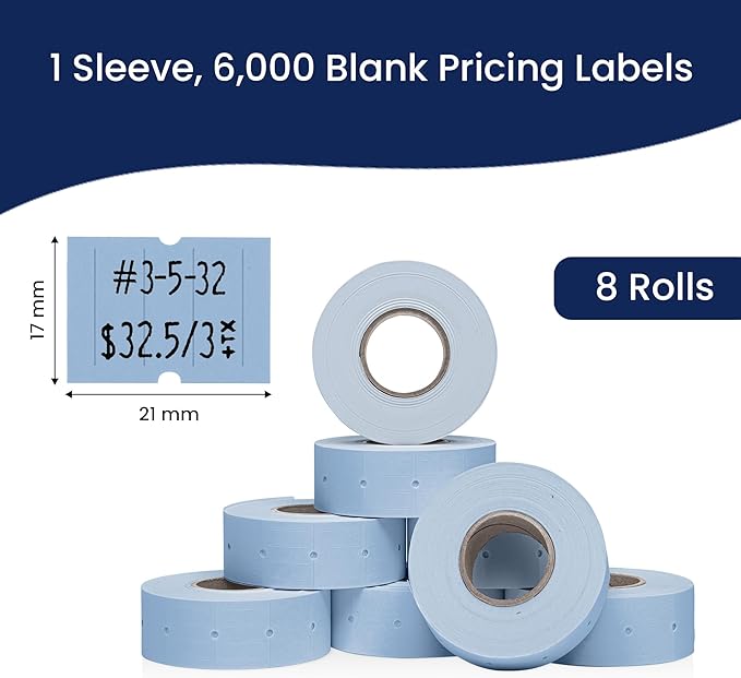 Perco 2 Line Blue Labels - 8 Rolls, 1 Sleeve, 6,000 Blank Price and Date Gun Labels for Perco 2 Line Price and Date Guns - Made in USA