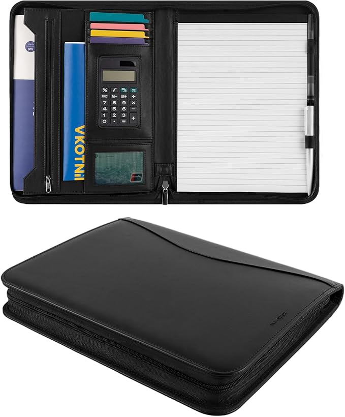 Professional Padfolio with Calculator,Faux Leather Portfolio Folder Binder,Letter Size A4 Legal Writing Pad Holder for Business School Office Conference Notepad Clip Boards (Black)