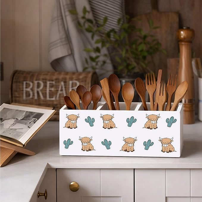 Highland Cow and Cactus Wooden Desk Organizer, Cute Cow Design Pen Pencil Holder with 3 Compartments, Decorative Office Supply Storage Box for Desk, Home, Office, Gift for Animal Lovers