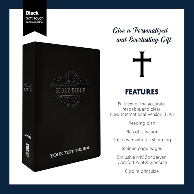 Personalized Soft Touch NIV Thinline Holy Bible with Custom Name on Lower Right Corner of Faux Leather Cover | Small Print | Custom Gift for Christian & Religious Celebrations | Black