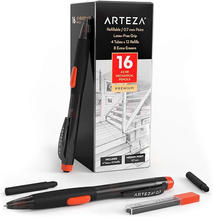 ARTEZA HB Mechanical Pencil Pack of 16, 0.7 Millimeter Medium Point Lead, 48 Refills and Replaceable Eraser, Latex-Free Grip, Office, School Supplies