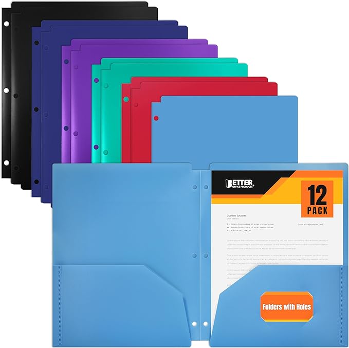 Better Office Products 3 Hole Punch Pocket Folders, Bulk Pack, Sturdy Plastic 2 Pocket Folders, Assorted Primary Colors, Letter Size, with Business Card Slot,(12 Pack)
