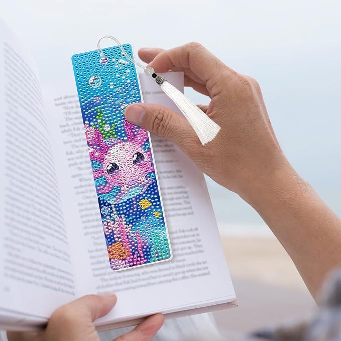 Axolotl Diamond Art Painting Bookmarks - 6 Pcs DIY Pink Animal Diamond Painting Kits with Tassel Sea Art Craft Back to School Supplies Graduation Gift for Teacher Student Book Lover