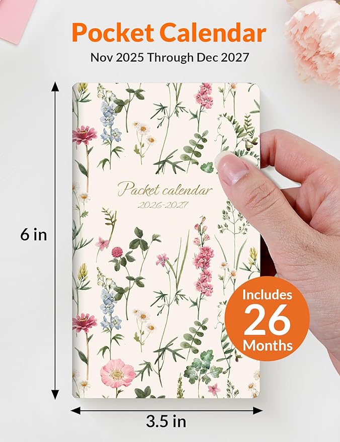 SUNEE Pocket Calendar 2026-2027 - Two Year Monthly Planner Small Calendar 3.5" x 6" Organizer for Daily & Yearly Schedule - Compact Agenda Notebook for School, Work, Women, Wildflowers