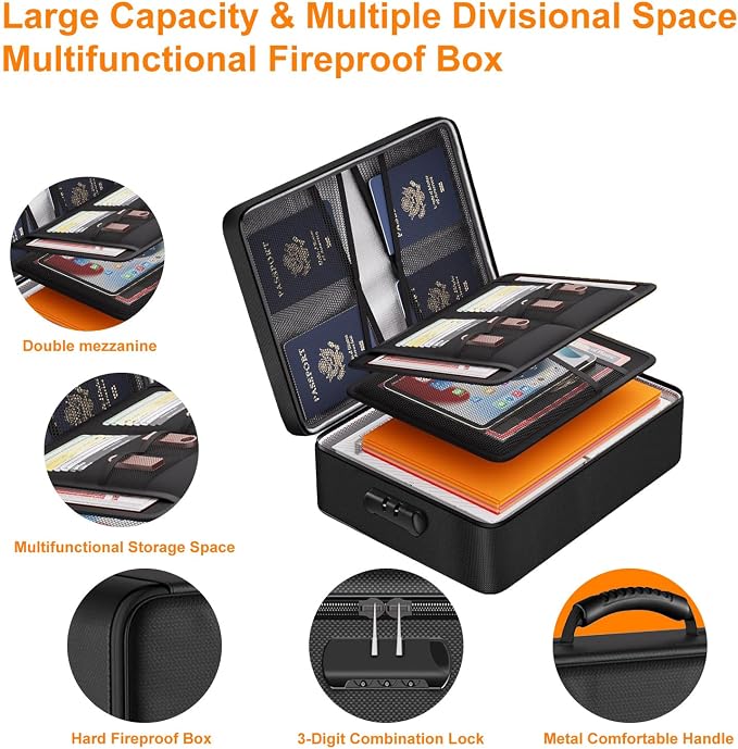 Fireproof Document Box, Multi-Layer Heat Insulated Fire and waterproof office bag with lock，Portable family outdoor travel bags are suitable for storing important documents and valuable.