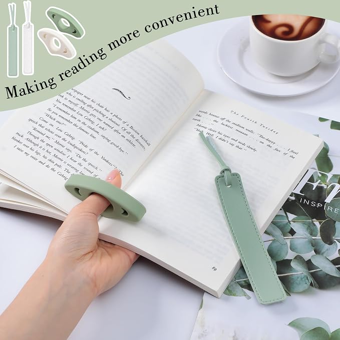 4Pcs Book Page Holder Set, 2Pcs Breathable Silicone Thumb Book Page Holder and 2Pcs Leather Bookmark, First Mothers Day Gift for New Mom, Reading Accessories for Book Lovers, Readers