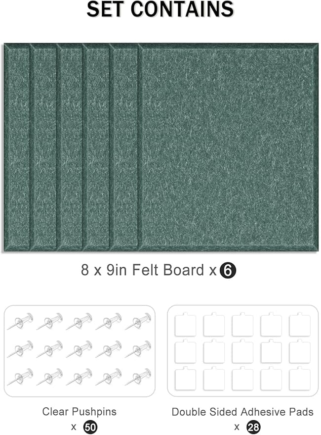 Hsurbtra Cork Board for Wall 24 x 18 Inch, 6 Pack Felt Bulletin Notice Board with Pushpins for Office Home School Farmhouse Wall Decor, Green