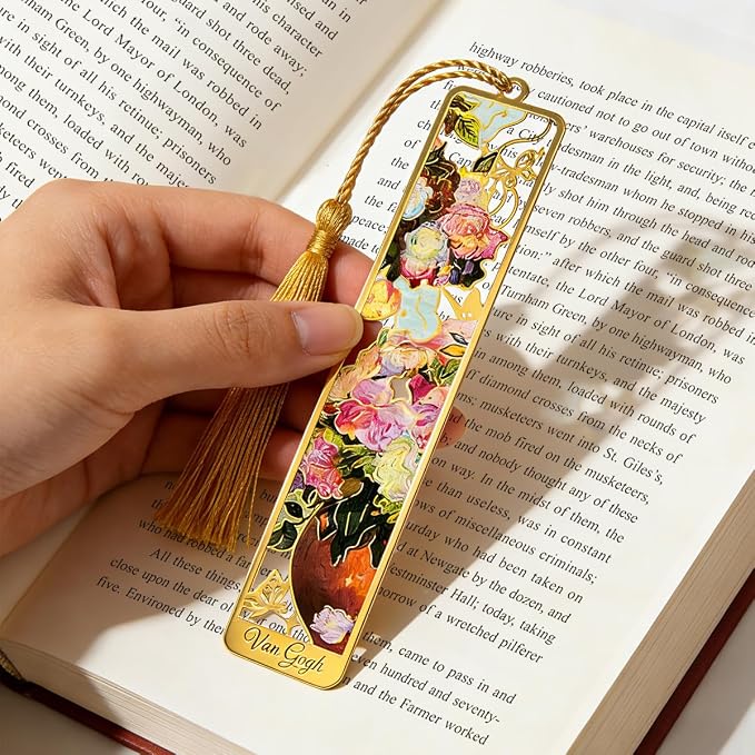 Kinsound Metal Bookmarks with Tassel, Golden Van Gogh Monet Oil Painting Theme Cute Hollow Book Markers for Reading Women, Teachers, Students, Reading Accessories Gifts for Book Lovers (Style B(8PCS))