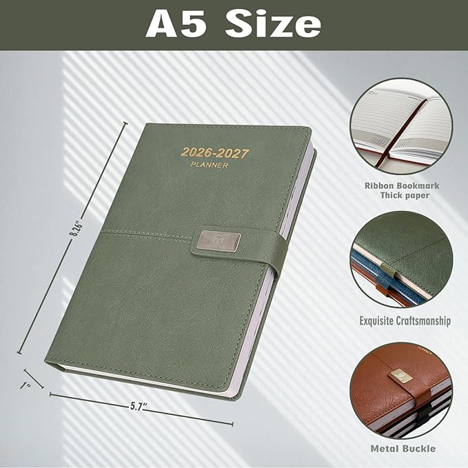 2026-2027 Daily Planner - One Page per Day, 2026-2027 Hourly Daily Calendar(July 2026 - June 2027), 5.7" x 8.26" Appointment Book, Leather Cover + Thick Paper (26-27 Green)