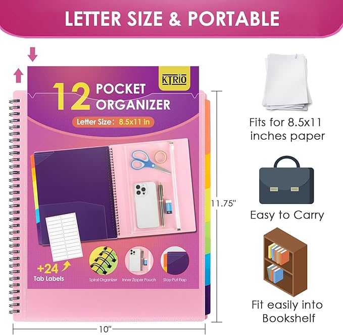 KTRIO 12 Pocket Project Organizer, Letter Size Spiral Binder,Pink | 12 Pocket Storage,Letter Size Fit,Water-Resistant Poly,Zip Pouch Included,Writable Color Tabs
