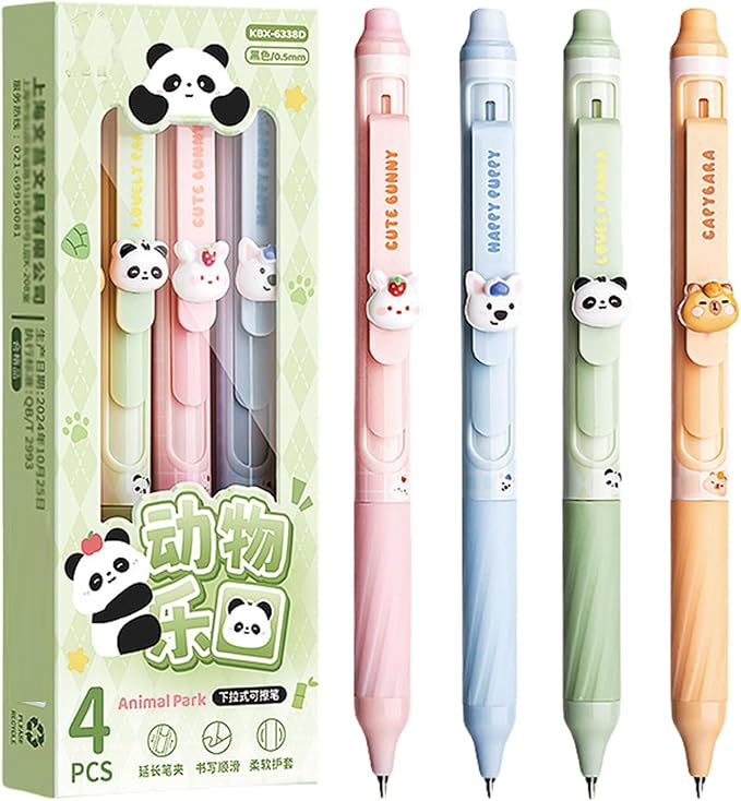 MOZXIRZ 4 Pcs Erasable Gel Pens Cute Retractable Pens Cartoon Animal Erasable Pen 0.5mm Black Ink Kawaii Writing Pen for Women Office School Supplies (Animal-Black Ink)