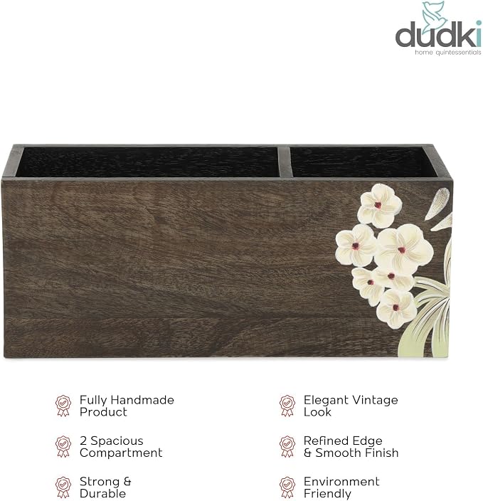 dudki 2 Compartment Floral Design Wooden Desk organizer caddy For Multipurpose stationary Storage Pen Stand Accessories With 2 Slots, Wooden, Classy looking dining table décor