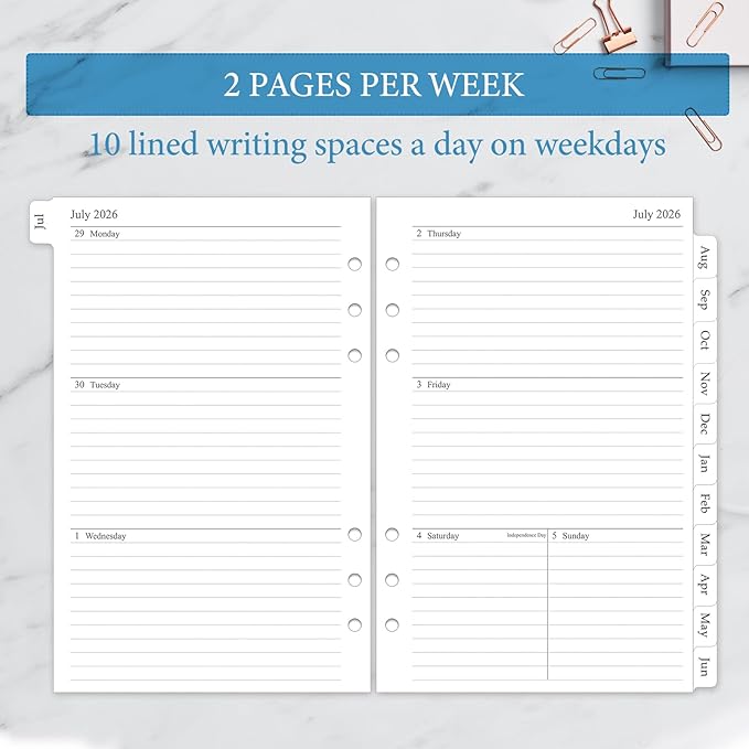 2026-2027 Weekly & Monthly Planner Refill, A5 Medium Planner Inserts for 6 Holes, 5.5"x8.5", July 2026 - June 2027, 12 Monthly Calendars with Laminated Tabs, 6-Hole Punched