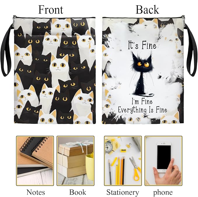 I'm Fine Everything is Fine Book Cover, Waterproof Book Sleeve with Zippered Front Pocket Cat Book Pouch for Book Lovers, Christmas, Birthday, Graduation Gifts (Black-cat, Large)