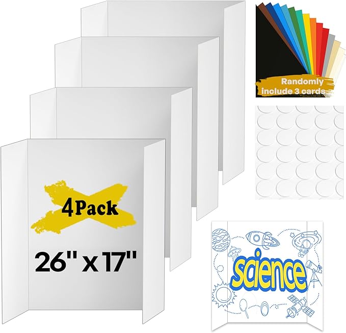 4 Pcs Medium Trifold Poster Board, 26" x 17" Presentation Board, with Double Sided Tapes and Cardboard, White Corrugated Project Boards/Science Fair/trifold Display Board for School Project