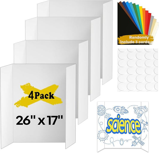 4 Pcs Medium Trifold Poster Board, 26" x 17" Presentation Board, with Double Sided Tapes and Cardboard, White Corrugated Project Boards/Science Fair/trifold Display Board for School Project
