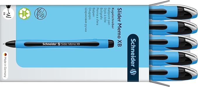 Schneider Slider Memo XB (Extra Broad) Ballpoint Pen, 1.4 mm, Light Blue Barrel, Black Ink, Box of 10 Pens (150201)