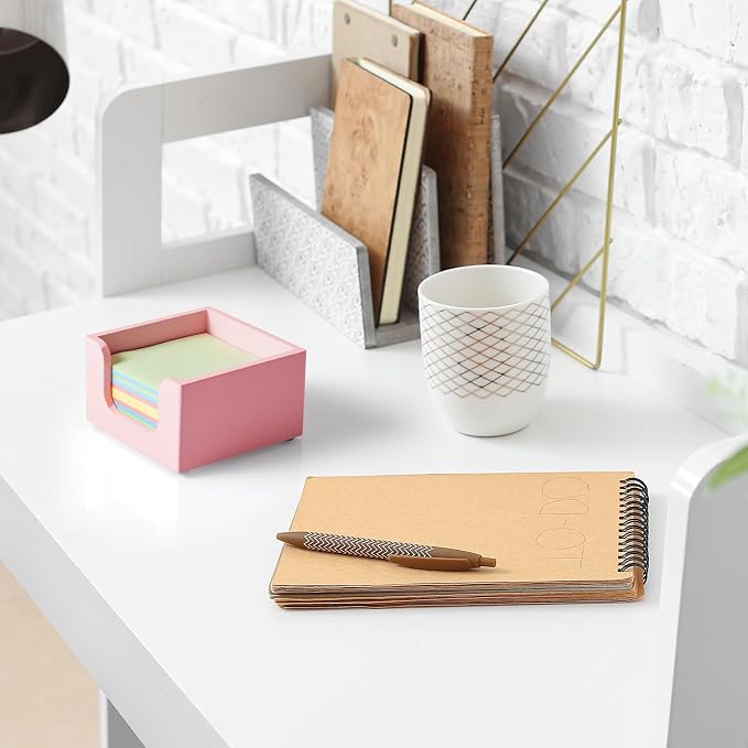 Bivvclaz Wood Sticky Note Holder, 3 x 3 Inch Post It Note Dispenser for Office Desk Accessories, Self Stick Note Pad Holder, Memo Pad Holder Dispenser Organizer for School Office Desk Supplies, Pink