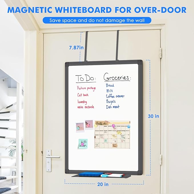 Magnetic Dry Erase Board for Doors, 30x20 Inch Whiteboard with Adjustable Long Arm Hook Mount - Easy to Install, Portable Hanging White Board for Home, Dorm Room, Office Cubicle & Small Spaces(Black)
