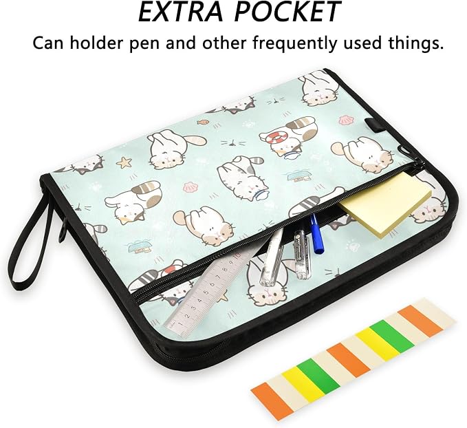 Cute Cats Green Expanding Accordion File Folder with 13 Pockets and Zipper Closure