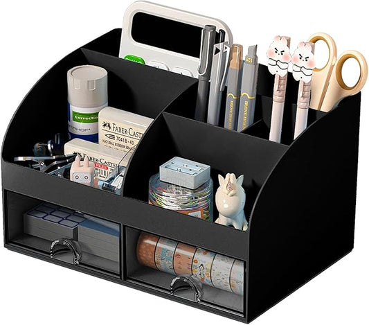 COMFYROOM Desk Organizer with 6 Compartments and 2 Drawers, Plastic Makeup Organizer, Pen Holder for Desktop Storage, Desk Organization for School, Home, Office Supplies (Black)