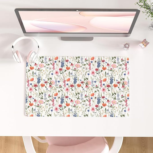 Colorful Star Large Mouse Pad, Watercolor Floral Desk Mat Office Supplies, Waterproof Faux Leather Big Gaming Mousepad for Women Girls, Flowers Desk Pad Home Office Décor Accessories 23.6" x 13.8"