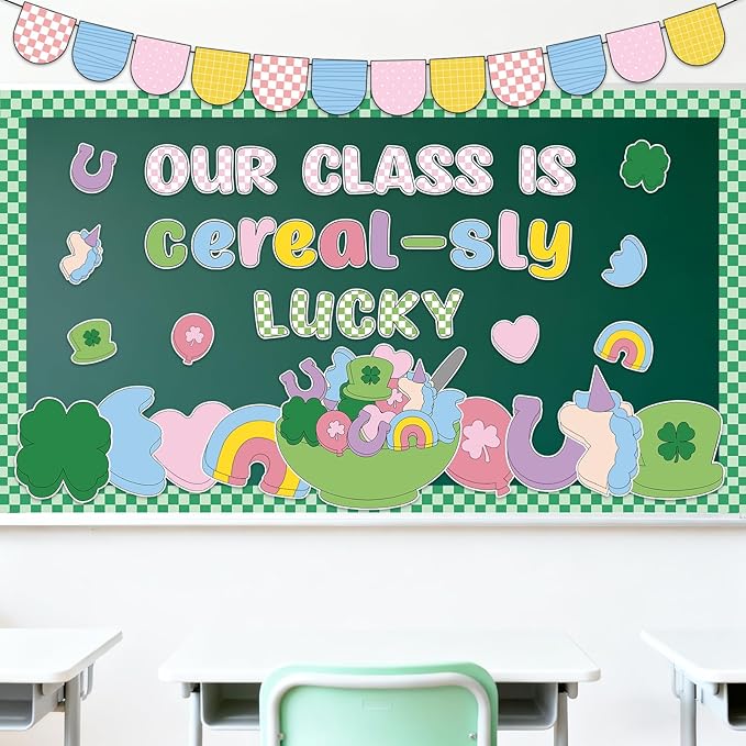 JarThenaAMCS St. Patrick' s Day Bulletin Board Decoration Lucky Charms Classroom Decoration Set Shamrock Clover Unicorn Paper Cutouts for School Classroom Chalkboard Wall Decor Irish Party Supplies