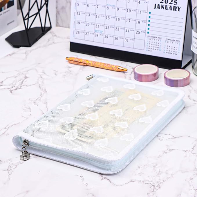 Mogoostry A5 Zippered Binder Cover Clear PVC Zipper Binder Folder Lace Decor 6-Ring Loose-Leaf Notebook Planner Organizer (White)