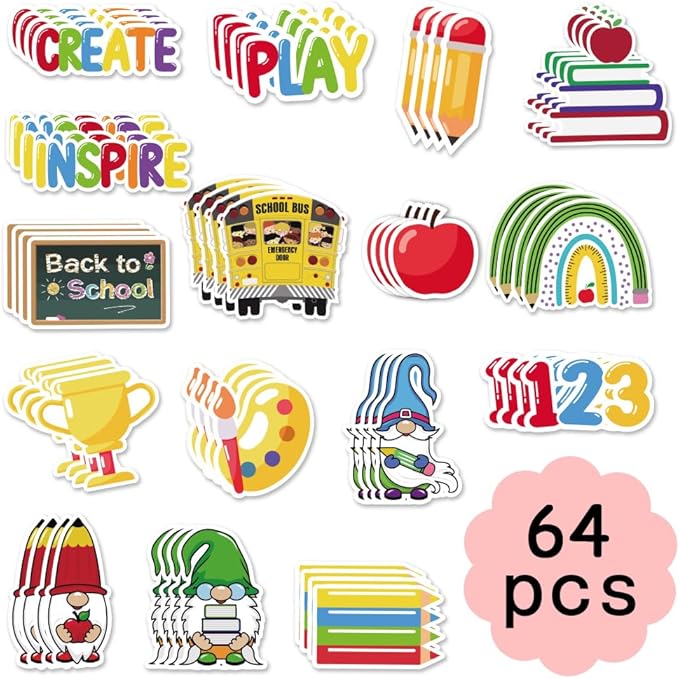 60 Pieces Back to School Cutouts Bulletin Board Decoration, First Day of School Cutouts Colorful Apple School Bus Cardboard Craft Gnomes Cut-Outs for School Classroom Kindergarten Party Supplies
