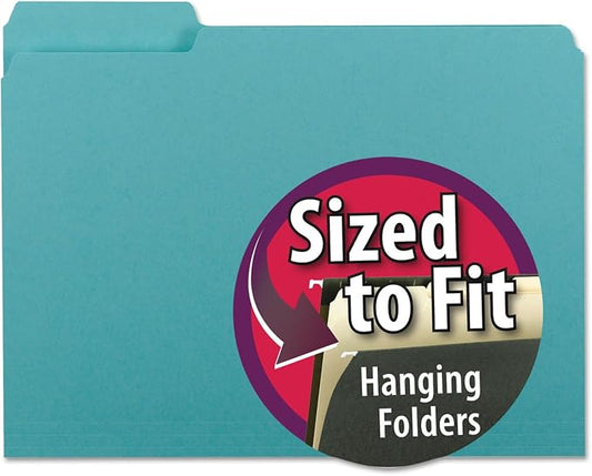 Smead Interior File Folder, 1/3-Cut Tab, Letter Size, Aqua, 100 per Box, Expandable File Folders for Filing Cabinet