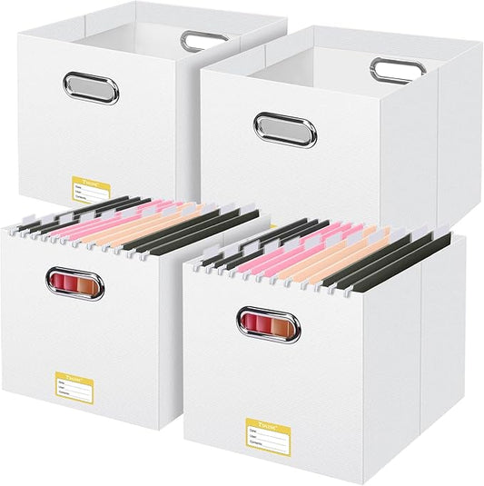 BALEINE File Organizer Box, Cardboard File Folder Organizer with Handle for Letter Size, Portable Collapsible Hanging Filing Box for Home Office Document Storage (4 Pack, Large White)