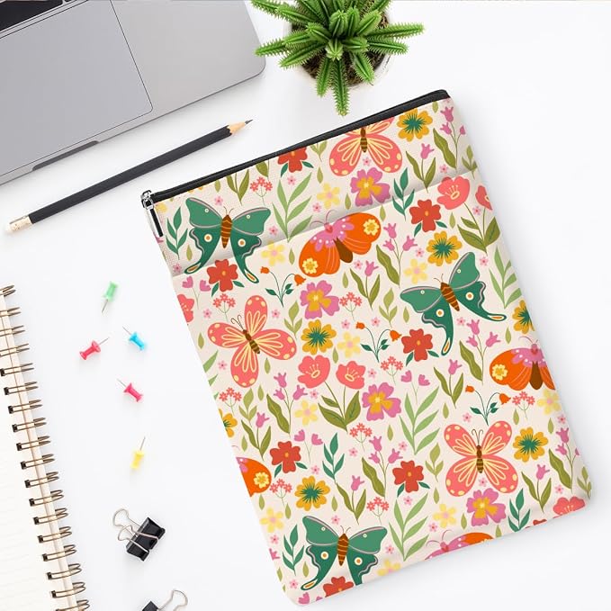 Book Sleeve Book Protector Book Pouch Book Lovers Gifts Bookish Gifts Book Cover with Zipper for Hardcover Paperback Washable Floral Butterfly Printed Gift Bag for Women Teacher Girl, BookCover