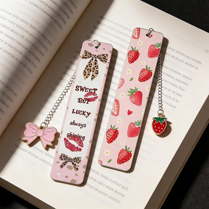 Pink Bow Metal Bookmark Gift Silver Chain Pendant with Bow for Women's Christmas Gift Book Lover Book Accessories School Supplies Office Stationery (Strawberry Bow 2PCS)