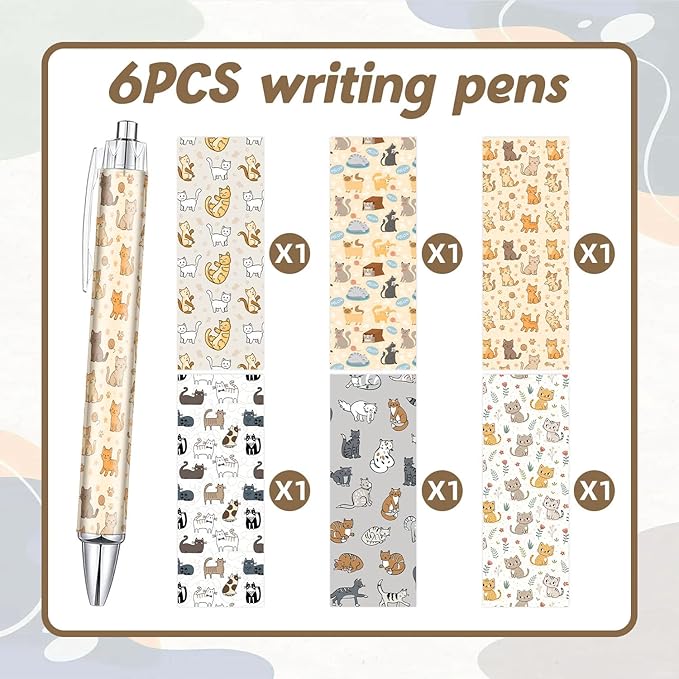 6PCS Cat Pattern Pens Set, Cats Writing Pens, Cute Accessories Items Stationary, Perfect for School, Office Supplies, Party Gifts, Theme Notebooks, Sticky Notes, Desk Accessories