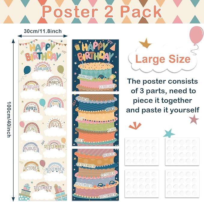 Lonfliness Happy Birthday Poster Chart Boho Birthday Bulletin Board Decorations Birthday Classroom Wall Door Decor for Calendars Bulletin Boards Nursery Homeschool Kindergarten Back to School Supplies