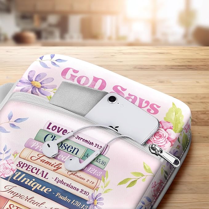 God Says I Am Bible Cover for Women, Floral Scripture Bible Case with Handle and Zipper Pocket, Christian Bible Bag for Girls and Ladies, Inspirational Gift for Church and Study Use