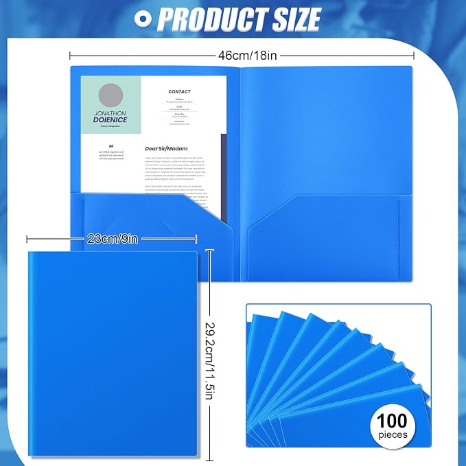 Gueevin 100 Pack Plastic Folder with Pockets, 2 Pocket Folders, Plastic Glossy Folders Fit Letter Size Paper, Heavy Duty Durable File Folder with Business Card for Home Office School (Blue)