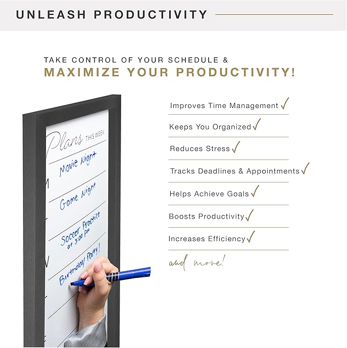 MCS Dry Erase Weekly Planner 11x24 Black Framed Calander Whiteboard for Wall, Plan Your Week with Family Weekly Planner for Dinners, Sports, Events & More
