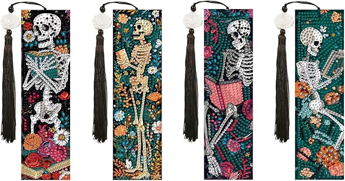 Skull Diamond Art Bookmarks for Adults, 4 PCS Reading Diamond Painting Bookmarks with Pendant, 5D Gem Art, Acrylic Bookmark DIY Crafts for Books Decor Gift