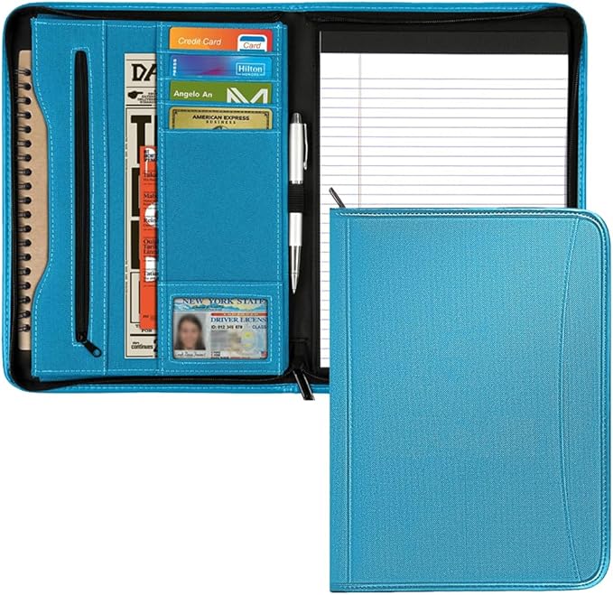 Zippered Portfolio Organizer/ A4 Refillable Lined Writing Notepad Folder Case/Fabric-Covered Padfolio Binder with Interior Storage Pocket for Men Women.Blue