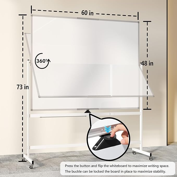 Large Rolling Whiteboard on Wheels, 60" x 48" Double-Sided Mobile White Board with Stand, 5' x 4' Portable Standing Magnetic Dry Erase Board Easel for Home Office Classroom School, Silver