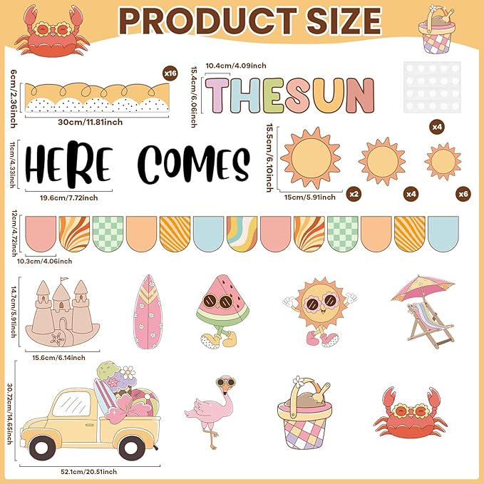 Retro Sun Motivational Bulletin Board Decor Summer Sunshine Bulletin Board Decoration Sunshine Groovy Hippie Paper Cutouts Sun Shine Beach Blackboard for School Classroom Summer Theme Party Supplies