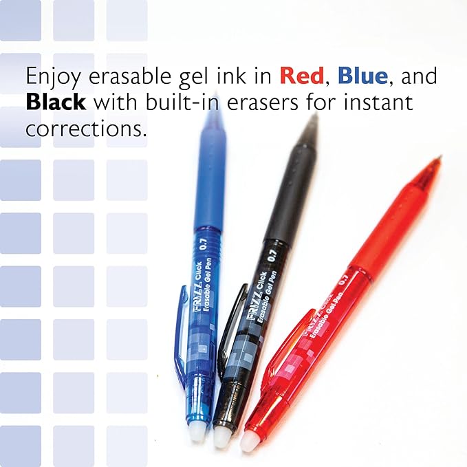 BAZIC PRODUCTS Frizz Retractable Erasable Gel Pens, 0.7mm Medium Point, Assorted Colors Inks, Comfort Grip for Smooth Writing Drawing Planner, 1-Pack