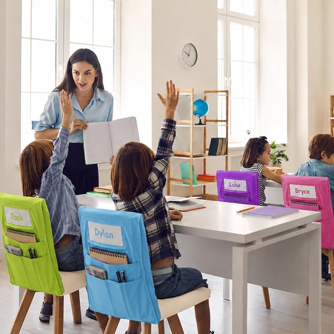 36pcs for Classroom 16.3x19.7inch Classroom Chair Pockets with Name Tag 3 Pockets Chair Organizer for Teacher Student School Office(Rainbow)