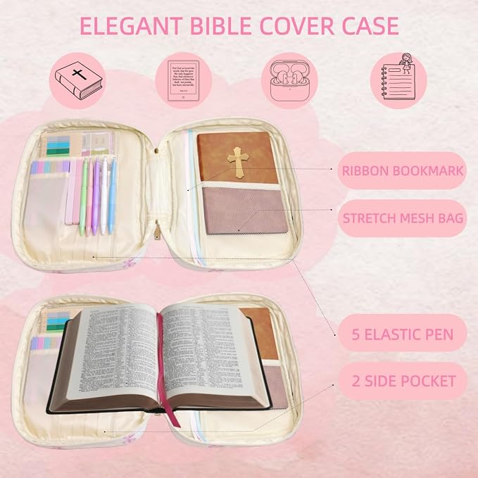 Bible Cover Case for Women Large Bible Cover Bag with Durable Handle Quilted Carrying Bible Study Supplies Accessories (Classic Floral)