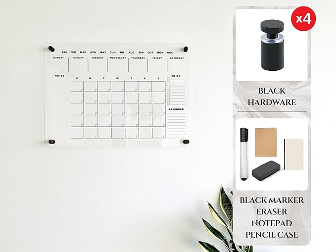 Acrylic Dry Erase Wall Calendar - Reusable Family Planner, Housewarming Gift, Horizontal Monthly Organizer Board (Black Standoff, 35"x23")