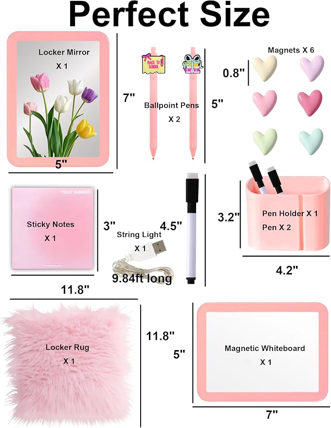 16 PCS Locker Accessories Kit for Girls with Locker Mirror Magnetic Whiteboard Rug Magnets String Lights Sticky Notes Locker Organizer & Decor for School Work, Back to School Essentials-Coral Pink